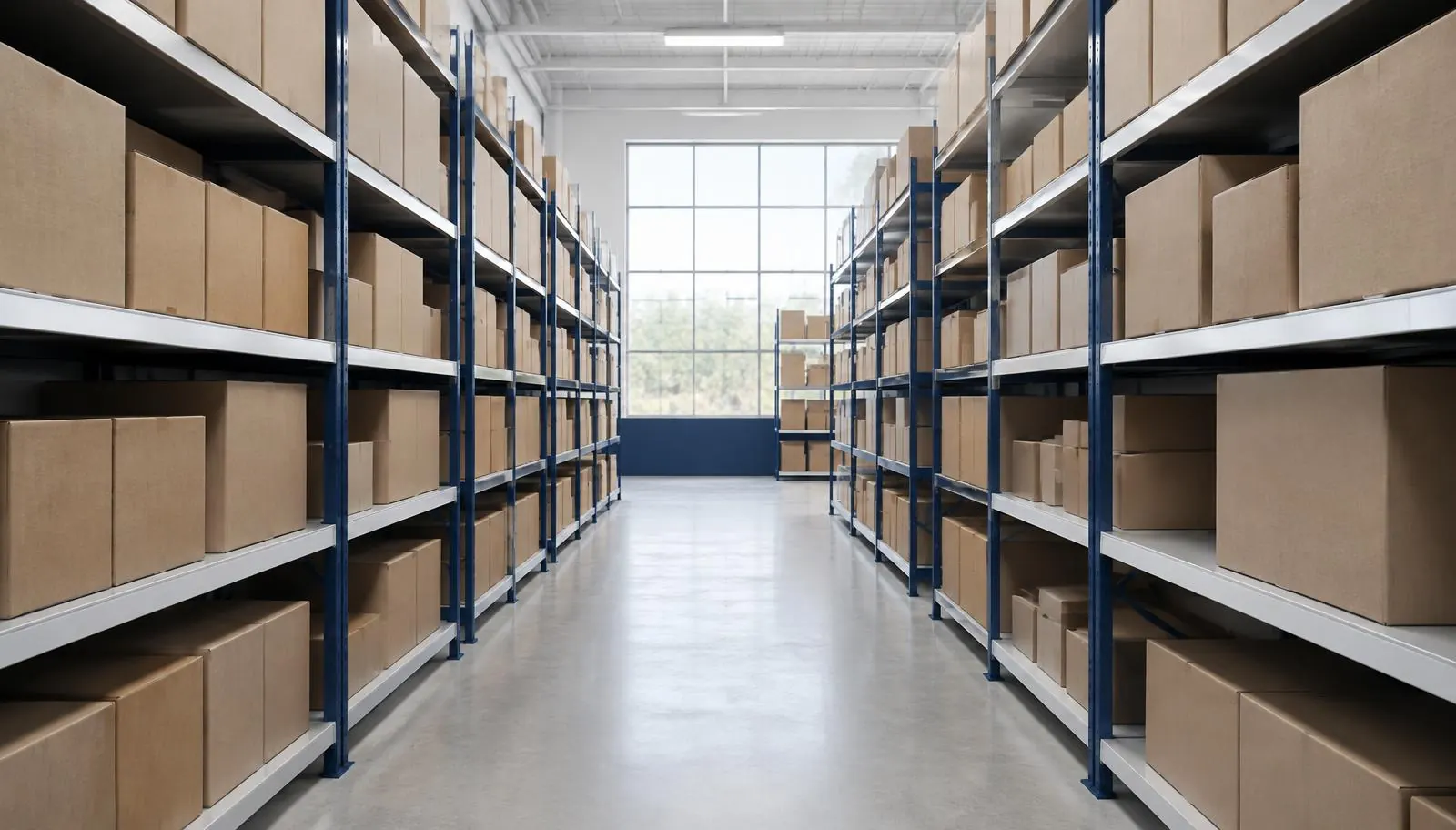 A clean fulfillment warehouse aisle with shelves of plain brown boxes