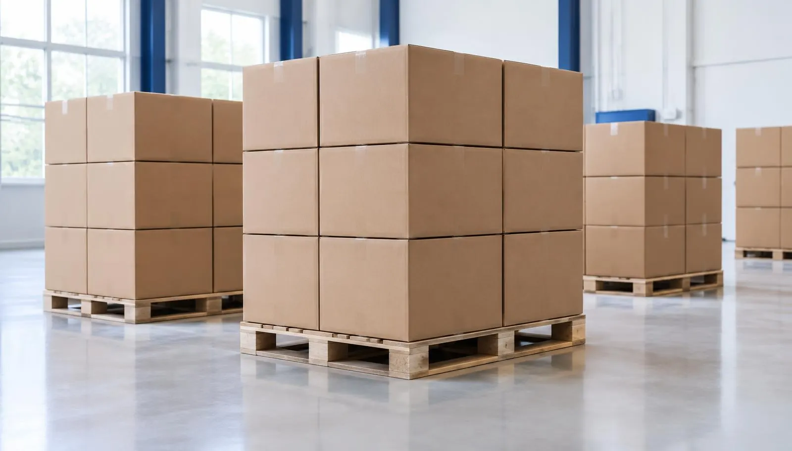Stacked plain shipping cartons on wooden pallets in a bright warehouse