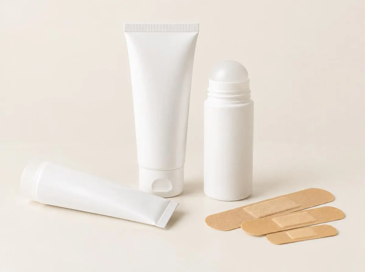 Unbranded topical relief tubes, a roll-on bottle and adhesive bandages