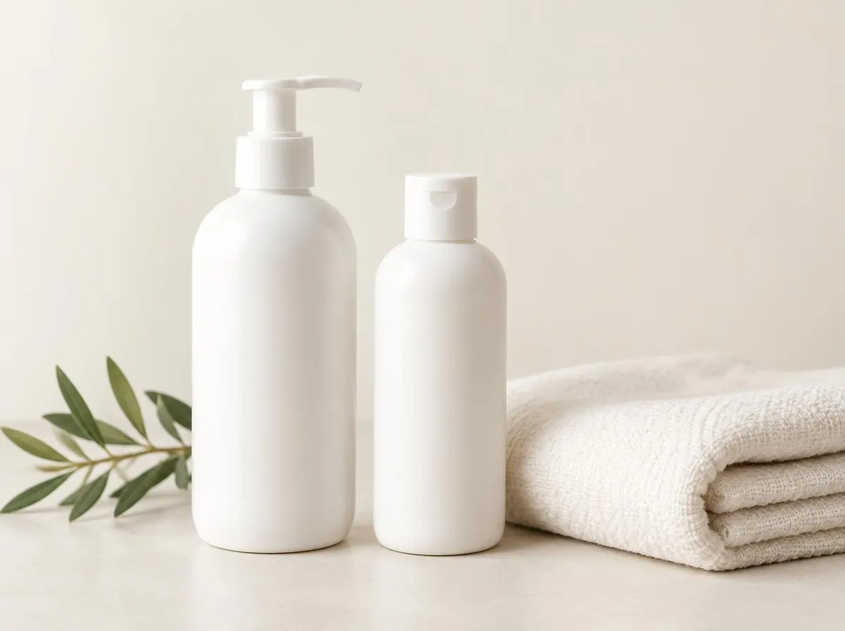 Unbranded body wash pump bottle and lotion bottle beside a folded towel