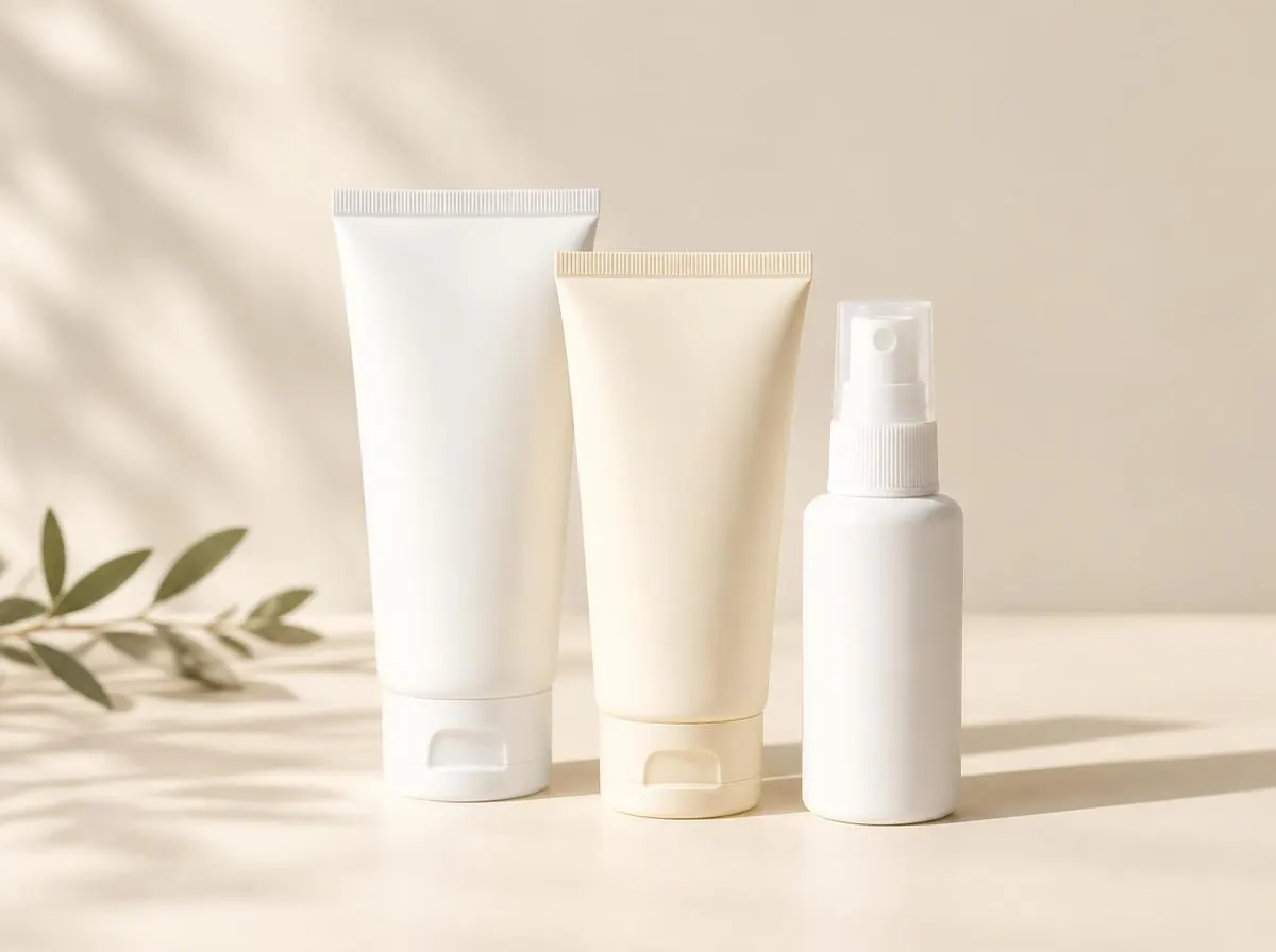 Unbranded sunscreen tubes and a spray bottle in warm light