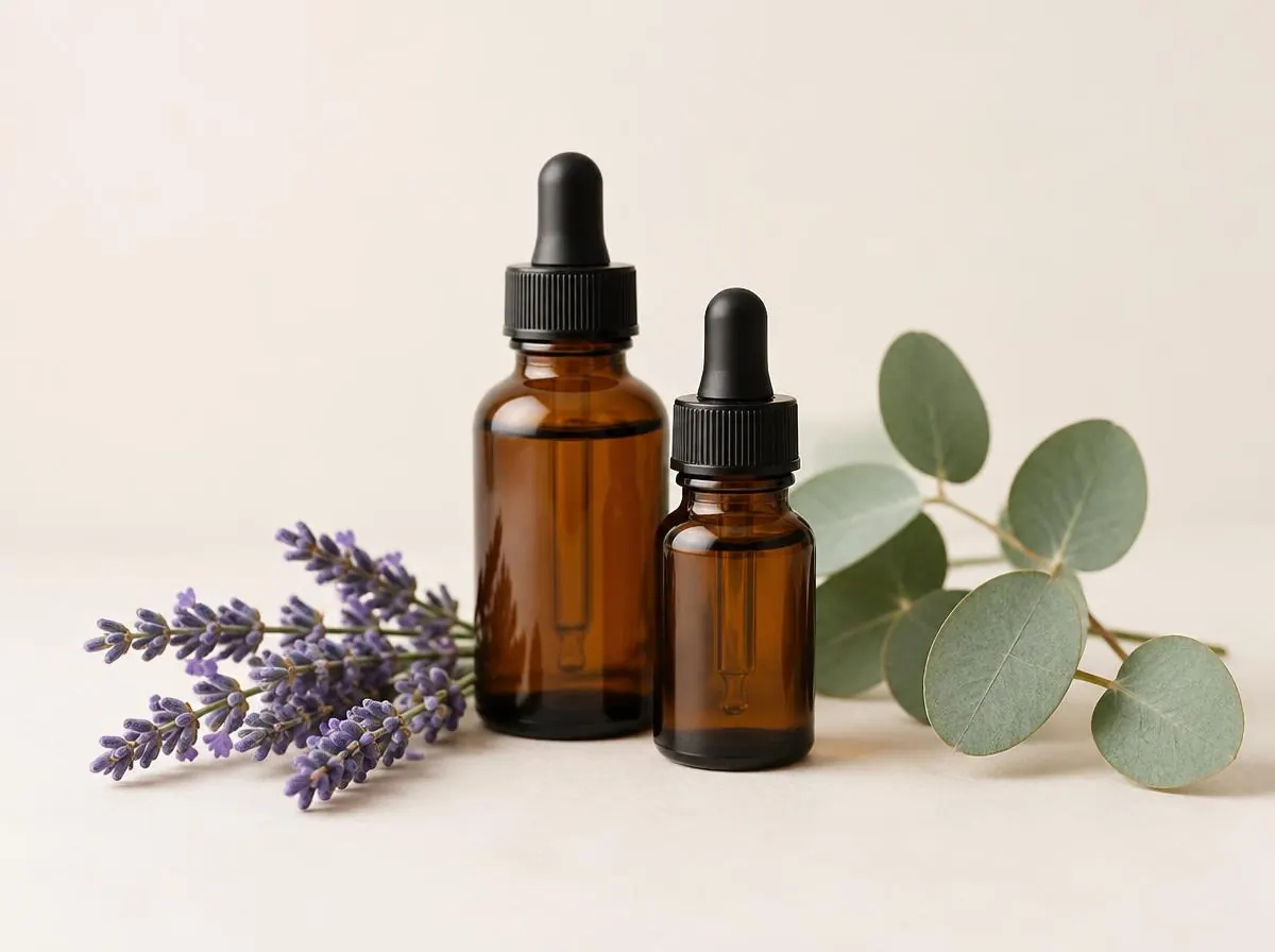 Amber essential oil dropper bottles with lavender and eucalyptus