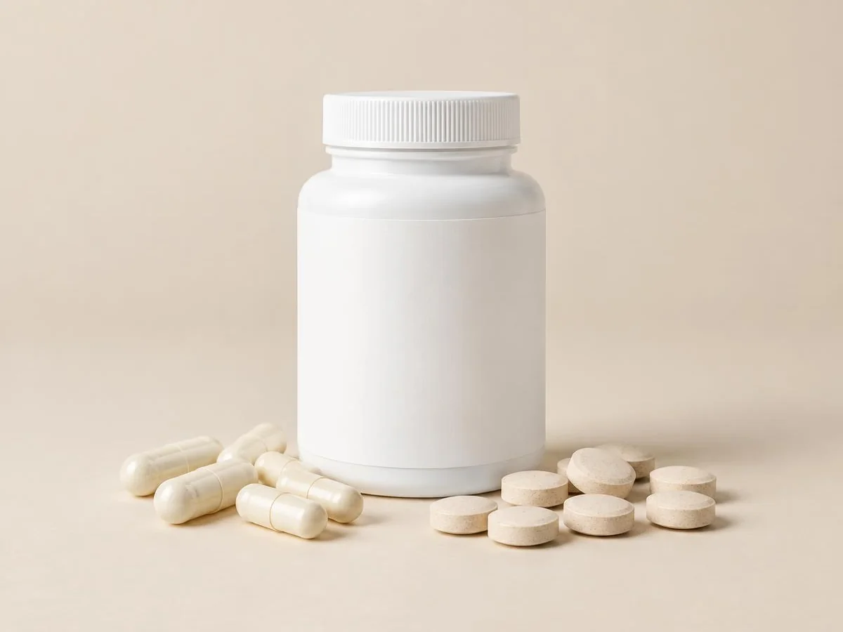 Unbranded supplement bottle with loose capsules and tablets