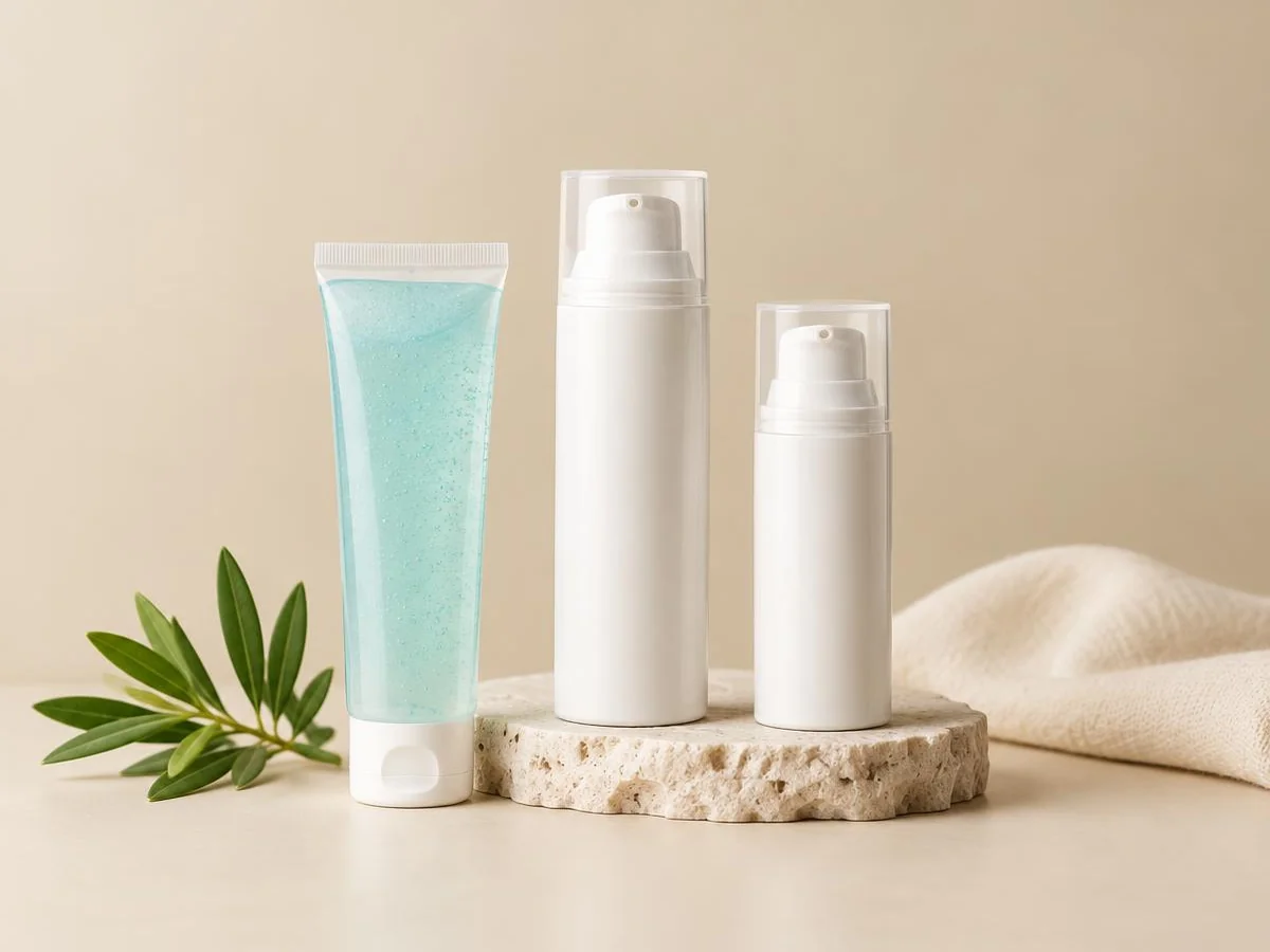 Translucent gel tube beside white topical airless pump bottles