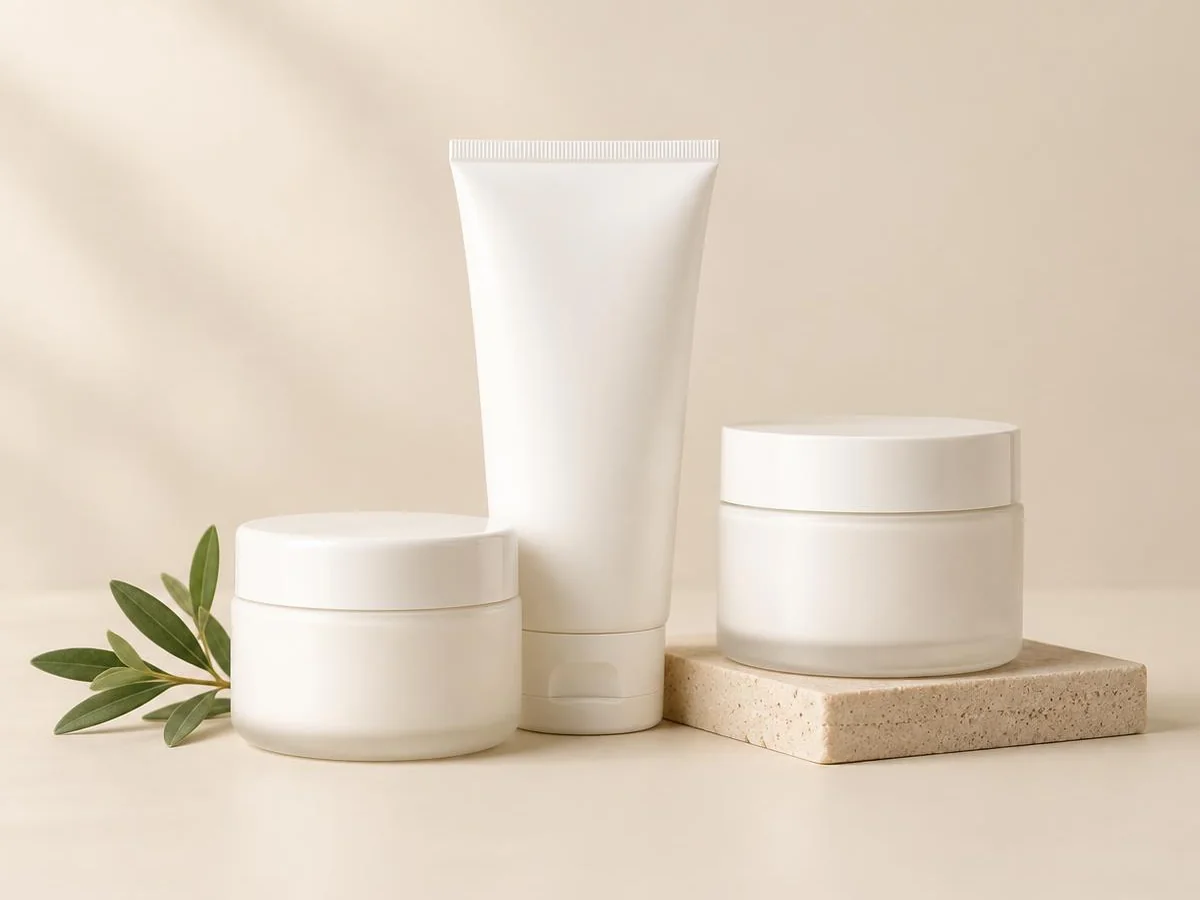 Unbranded white lotion tube and cosmetic cream jars