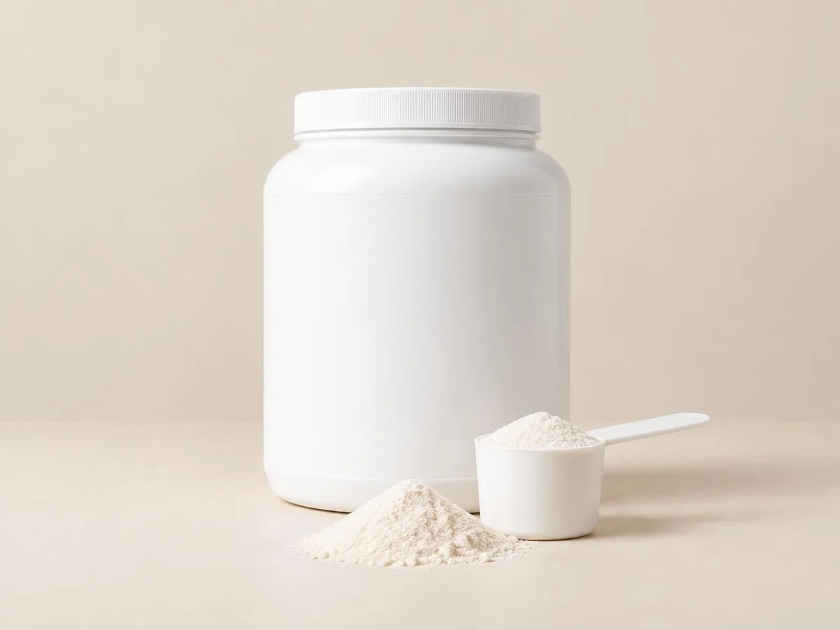 Unbranded supplement powder tub with scoop and loose powder