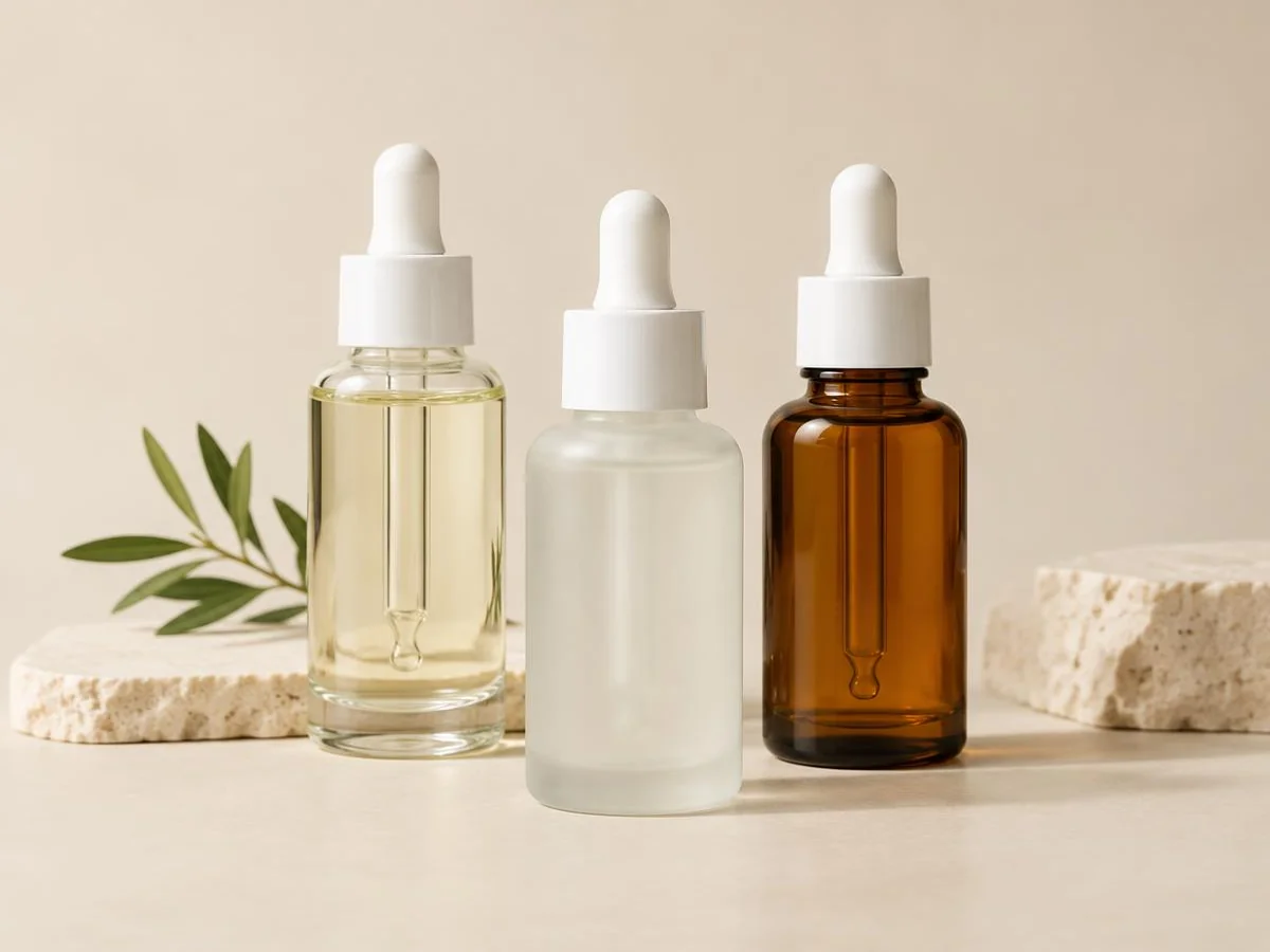Clear, frosted and amber glass serum dropper bottles