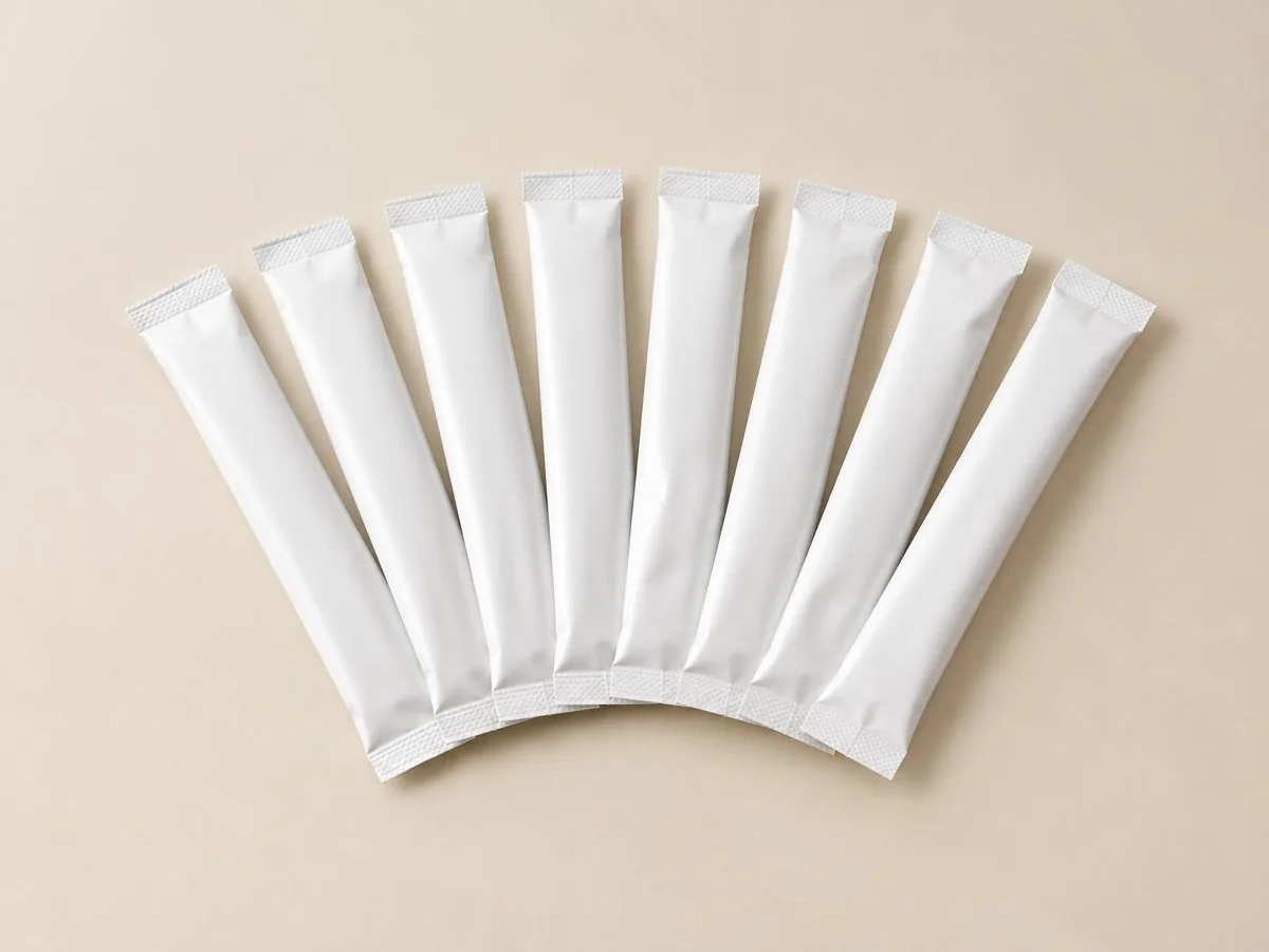 Fan of unbranded white single-serve stick packs